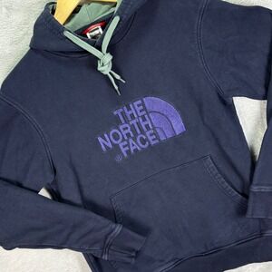 The North Face Men's Hoodie Navy Purple Logo Pullover Cotton Sz S Campus Style